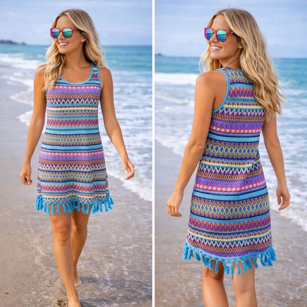 Cupshe Colorful Knit Beach Cover-Up Dress Tassel Hem Size Small NWT